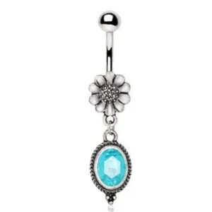 316L Stainless Steel Flower and Aqua Pendant Dangle Navel Ring