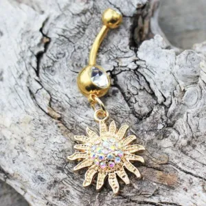 Gold Plated Shimmering Sunburst Dangle Navel Ring