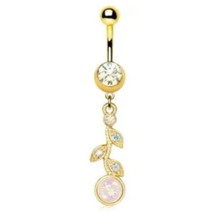 Gold Synthetic Opal Flower Vine Dangle Navel Ring