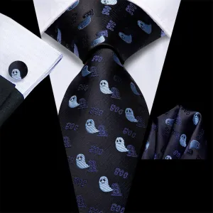 Hi-Tie Black Blue Ghosts Necktie Pocket Square Cufflinks Set