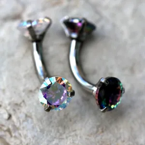 Internally Threaded 316L Stainless Steel Prong Set Iridescent Cubic Navel Ring