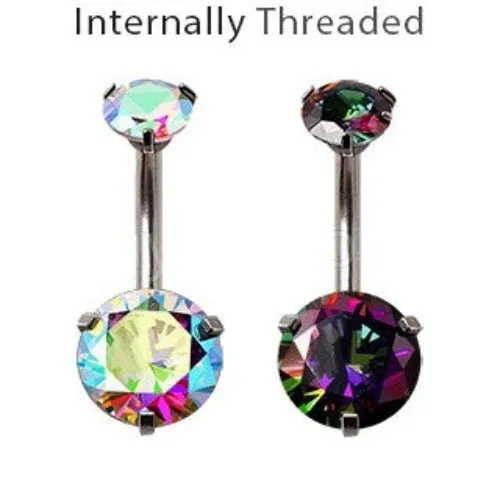 Internally Threaded 316L Stainless Steel Prong Set Iridescent Cubic Navel Ring